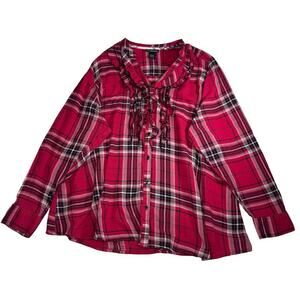 Lane Bryant Women's Long Sleeve Button Up Plaid Top Size 22/24 Ruffle Chest Red